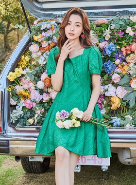 【清仓价】Dekashell/迪卡轩褶皱连衣裙收腰显瘦牛油果绿色裙子女