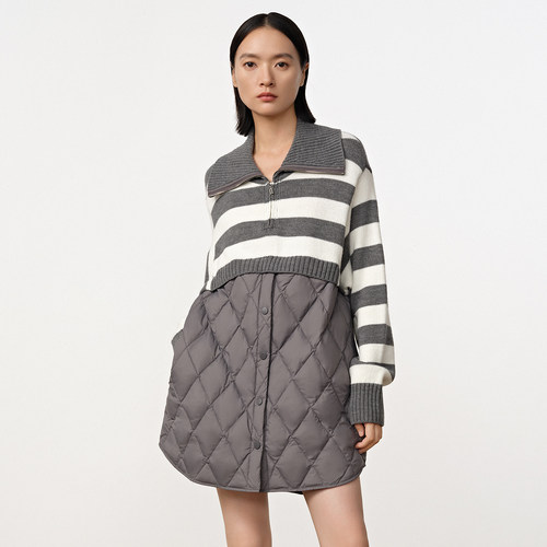 Dekashell/迪卡轩2025冬季新款菱格纹羽绒服女翻领拼接外套