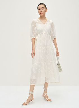 Dekashell/迪卡轩2025夏季新款法式白色网纱中长款短袖连衣裙女裙