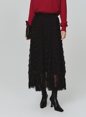 Dekashell/迪卡轩2025冬季新款黑色半身裙松紧腰显瘦垂坠长裙