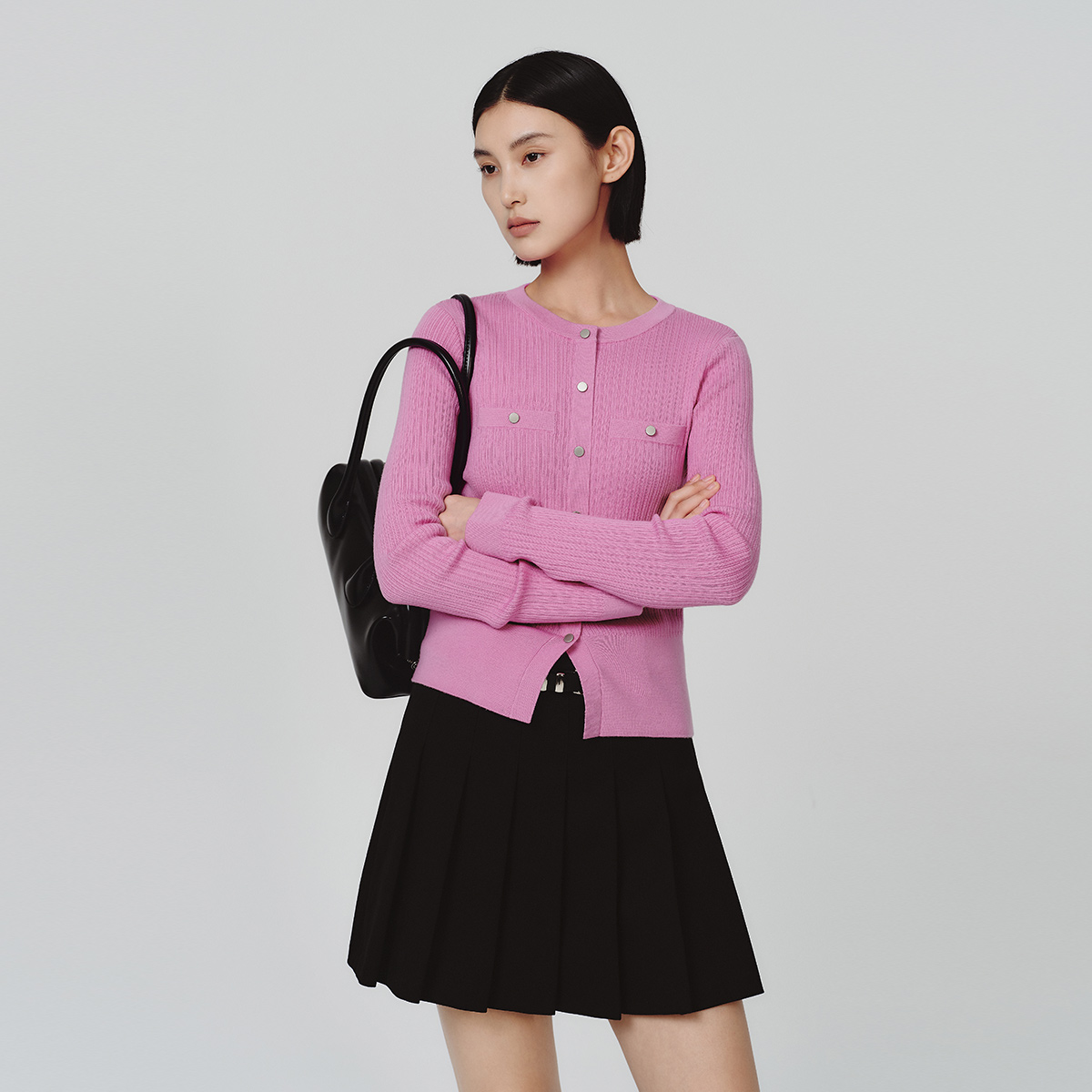 Dekashell/迪卡轩2025冬季新款女士针织衫圆领开衫毛衣外套上衣dp