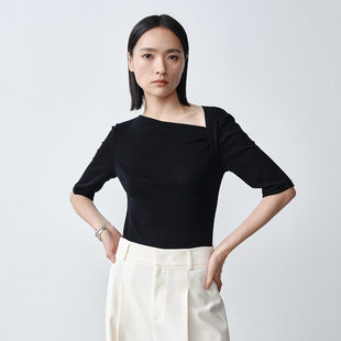 Dekashell/迪卡轩2025秋季新款黑色不规则领口短袖女针织衫t恤