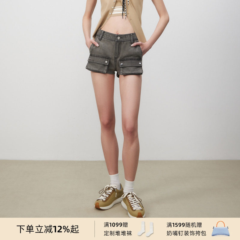 lost in echo春夏休闲复古时髦灰色工装口袋低腰迷你牛仔