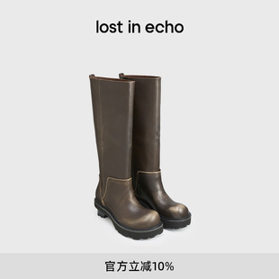 lost echo秋冬翘圆头宽筒积木跟厚底真皮巴恩风长筒骑士靴子女