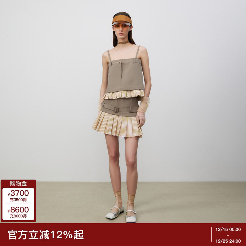 lost in echo春夏时尚条纹短款A字百褶吊带背心上衣半身