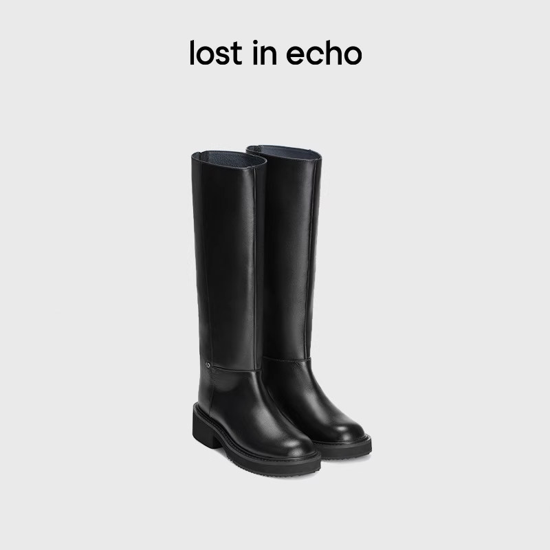 lostinecho圆头牛皮高筒骑士靴