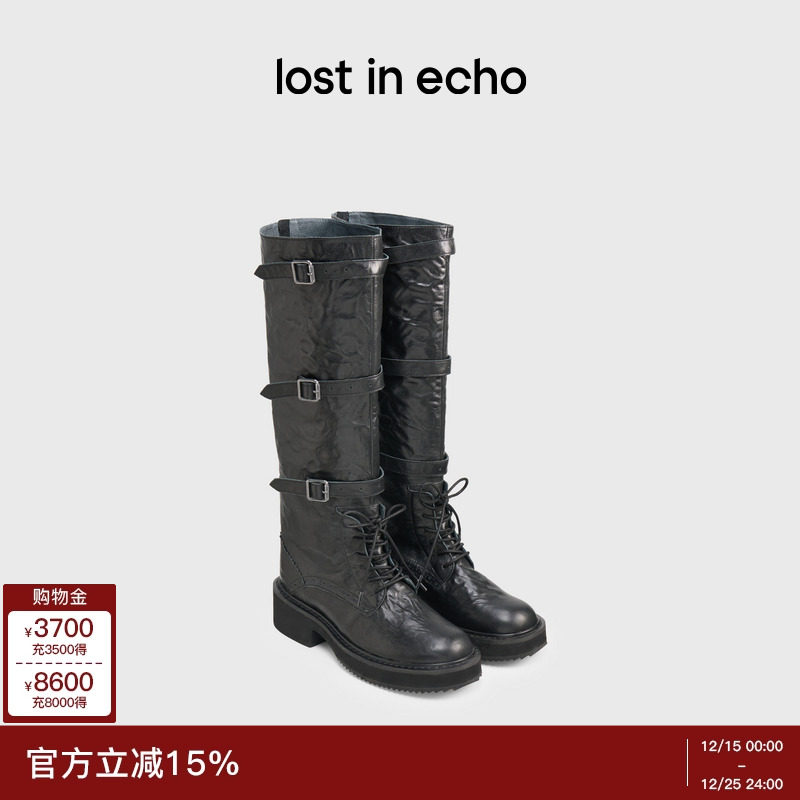 宋妍霏同款lost in echo2025冬季新款圆头扣饰绑带厚底高筒骑士靴