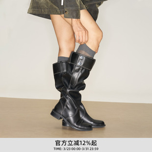 仿裤 张婧仪同款 echo春夏新款 筒显瘦真皮厚底堆堆骑士靴 lost