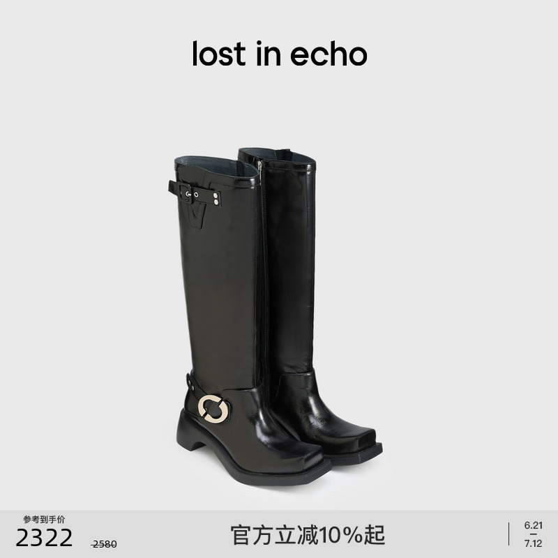 lost in echo原创时尚牛皮异形翘方头宽筒直筒机车靴子长
