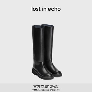 echo春夏显瘦圆头真皮厚底宽筒靴子长筒骑士靴 马君妍同款 lost