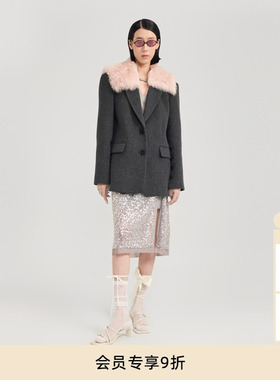 lost in echo冬季高级保暖羊毛可拆卸毛领灰色毛呢大衣西装外套女