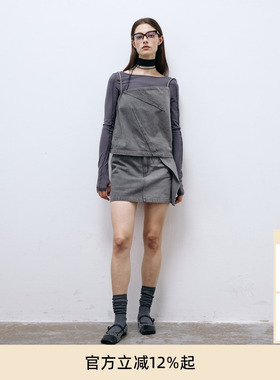 lost in echo春夏时尚短款灰色直身牛仔吊带内搭背心A字短裙套装