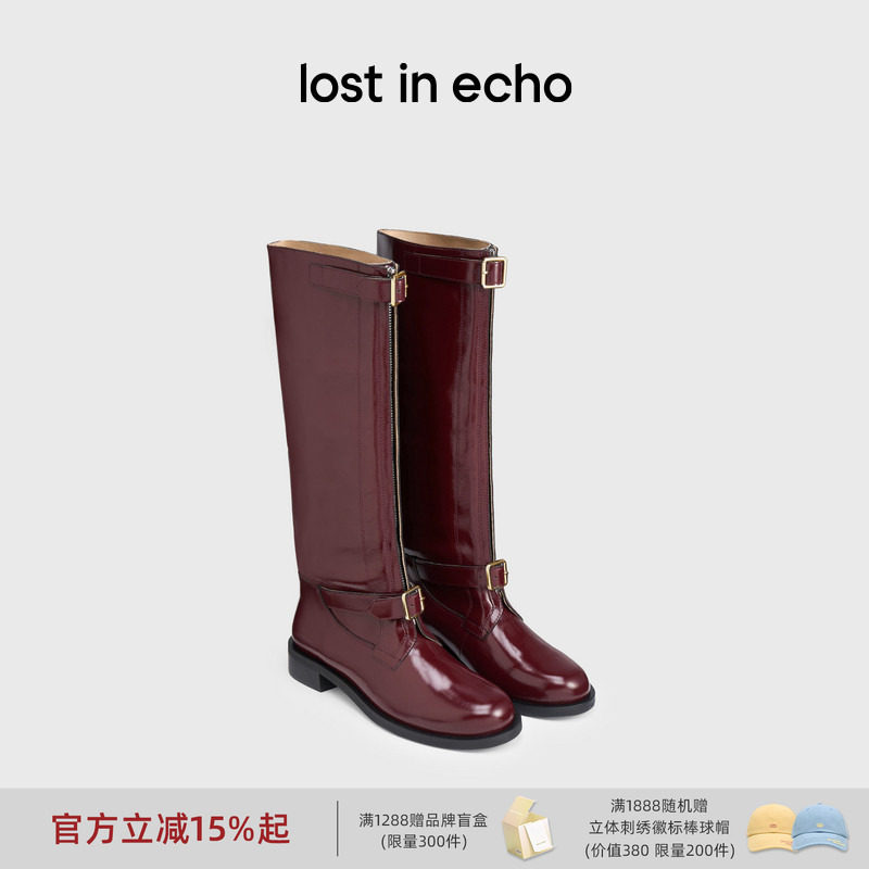 杨紫同款lost in echo巴恩风显瘦厚底宽筒圣诞红真皮长筒骑士靴子