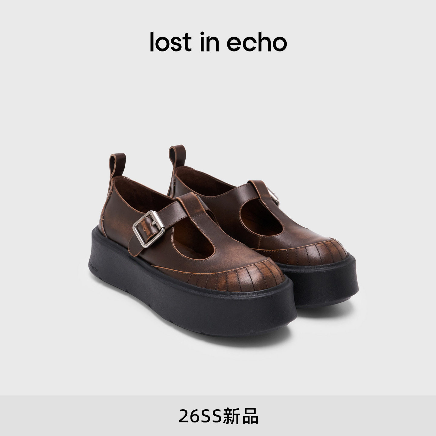 lost in echo2026春夏新款时尚复古T字带真皮厚底增高休闲玛丽珍