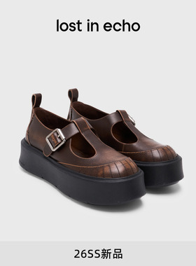 lost in echo2026春夏新款时尚复古T字带真皮厚底增高休闲玛丽珍