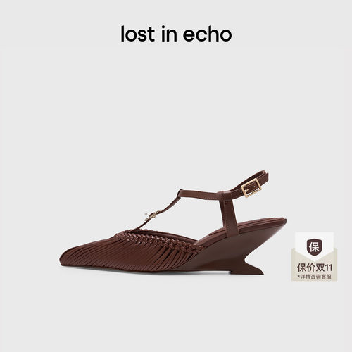 lostinecho尖头坡跟镂空单鞋