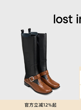 lost in echo2025冬季新款独特解构拼接布洛克芭蕾舞长靴弹力靴女