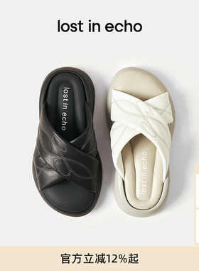 孟子义同款lost in echo2025夏季新款刺绣羊皮交叉带厚底沙发拖鞋