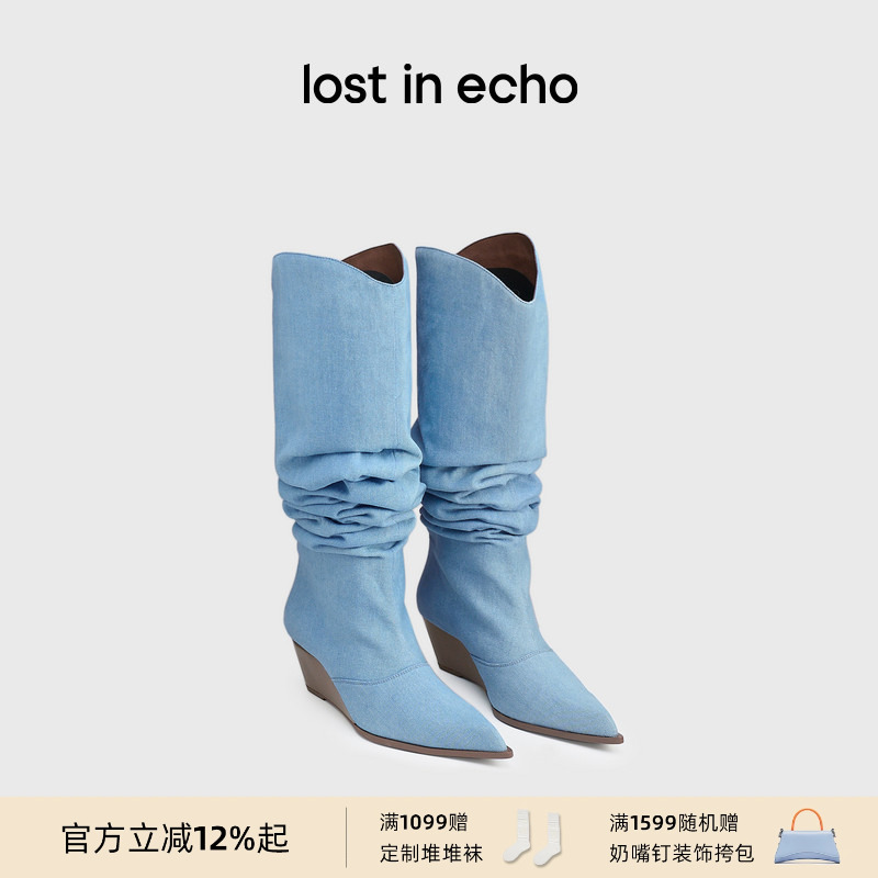 倪妮同款lost in echo巴恩风尖头宽筒一脚蹬高跟牛仔堆堆