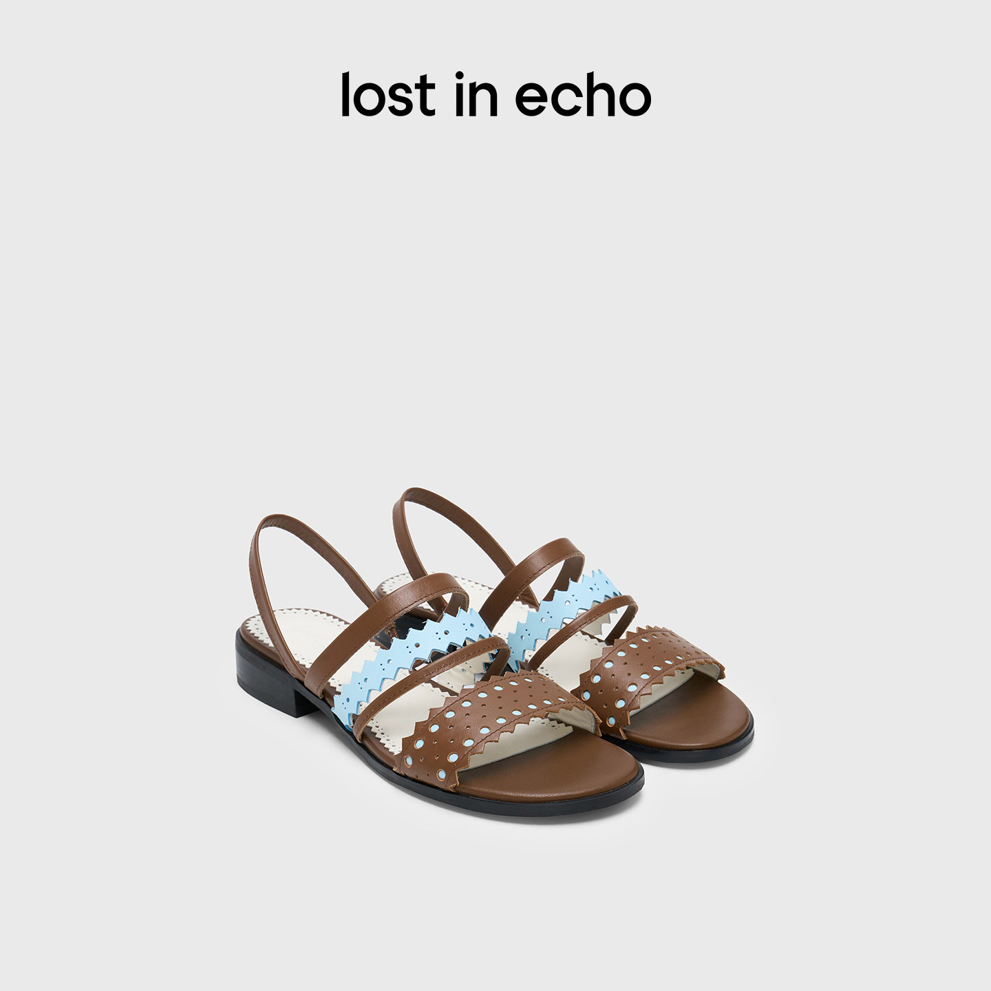 lost in echo春夏时尚复古布洛克撞色镂空多条带轻便平底