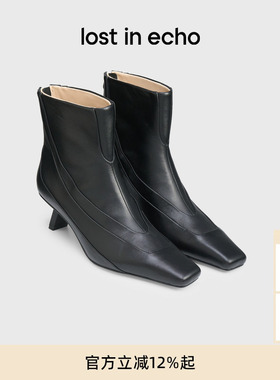 lost in echo秋冬时尚黑色猫跟羊皮牛皮尖方头拼接高跟踝靴短靴女