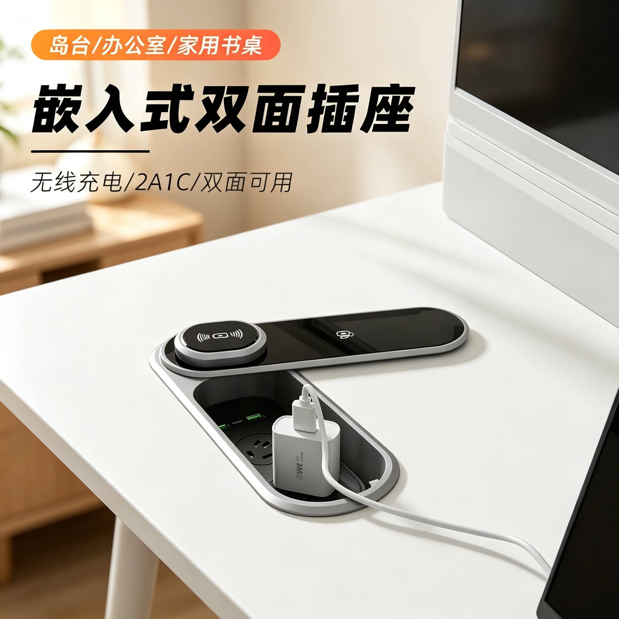 桌面嵌入式无线充电USB快充排插图片