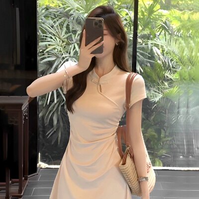 新中式国风短袖连衣裙女2025新款夏季小个子收腰显瘦a字裙子夏天