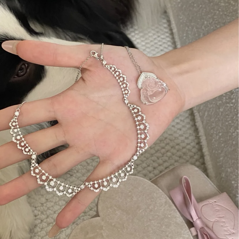 柏诗艾菲蕾丝满钻珠宝925纯银镀18k法式锁骨链项链甜美气质礼物