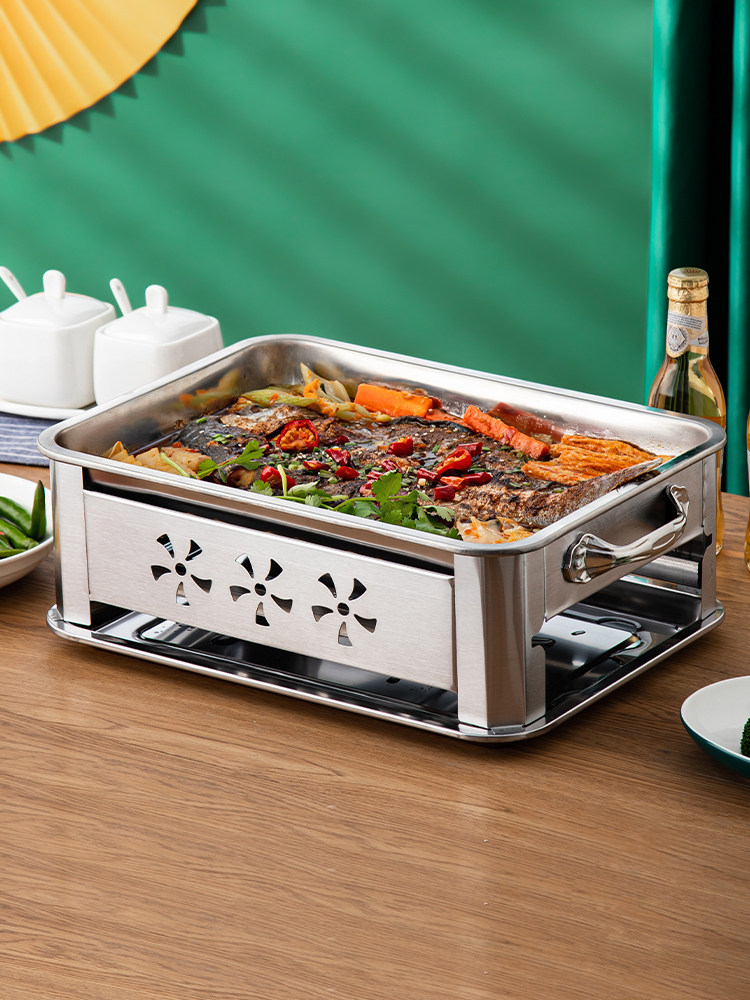 新款 不锈钢烤鱼商用盘家用抽拉通风款酒精木炭托盘鱼锅餐厅烧烤
