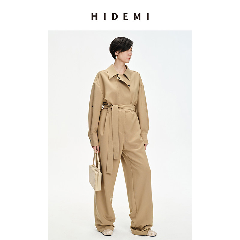 hidemi 卡其色风衣翻领工装设计感可拆卸腰带连体裤