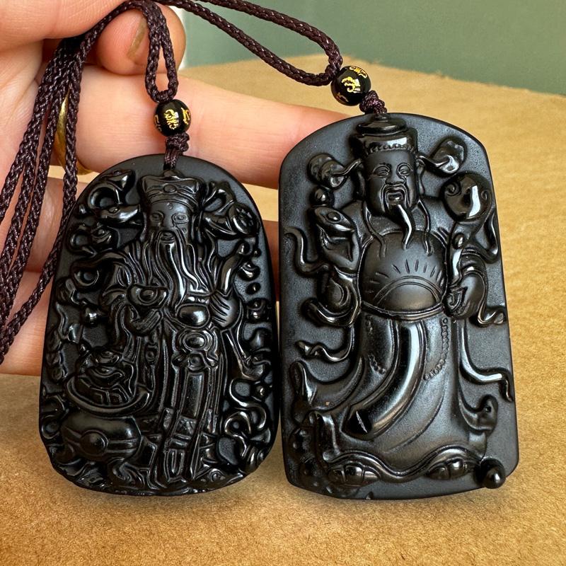 真品黑曜石关公财神吊坠 男女随身文武将军关羽挂件如意元宝财神
