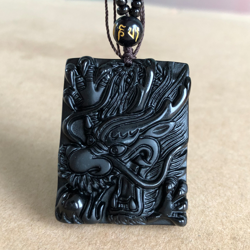 黑曜石玄龙添寿生肖龙项链 男女属相守护吊坠方款龙牌挂件坠子