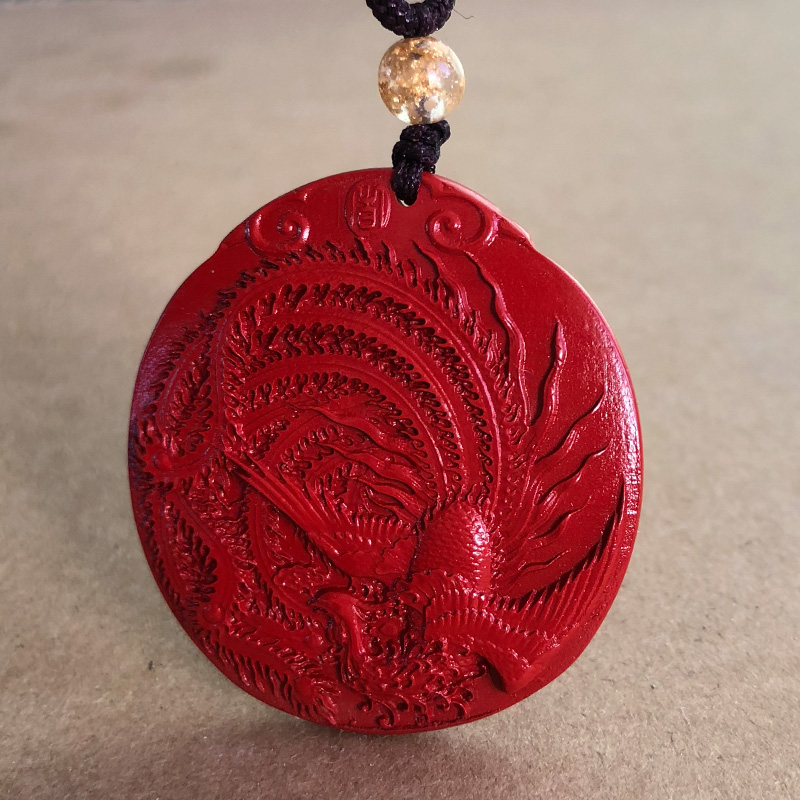 原矿高含量红朱砂凤舞九天挂件 男女火凤凰天凤护身圆形项链挂坠