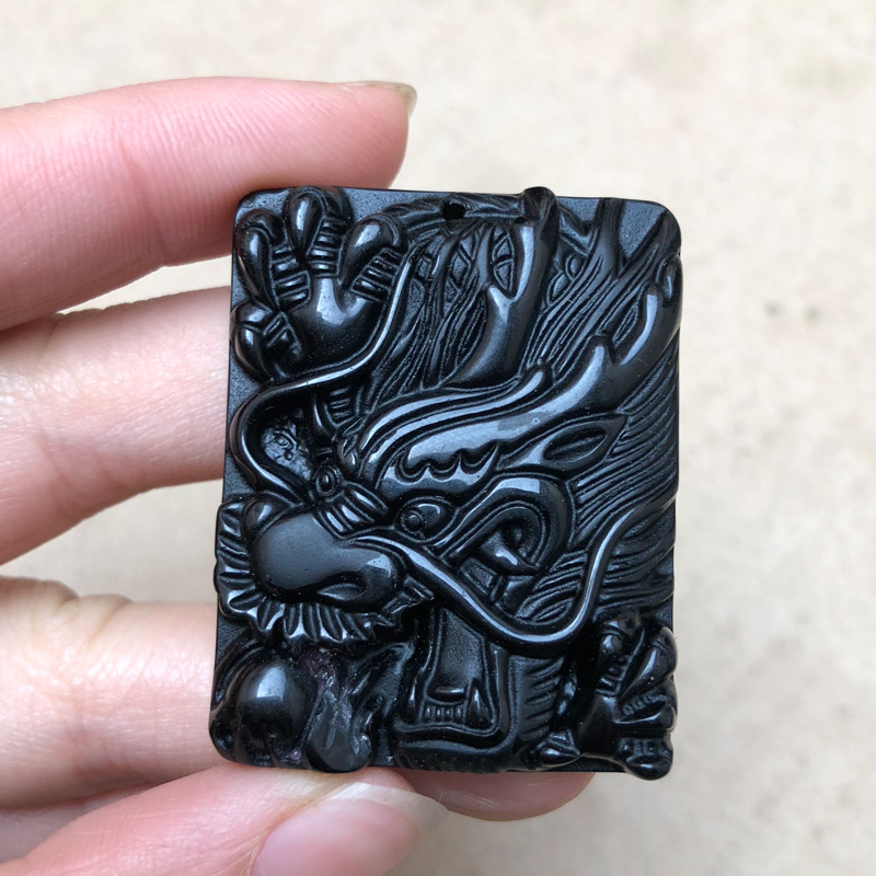 天然黑曜石霸气生肖龙吊坠 男女款平安无事牌正面立体龙头坠挂件