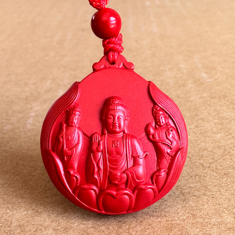 真品帝王红朱砂三圣吊坠 阿弥陀佛观世音菩萨大势至生肖守护挂件