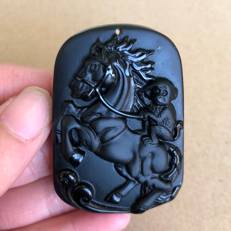 黑曜石马上封侯吊坠项链男女招财转运挂件饰品挂坠助运送证书