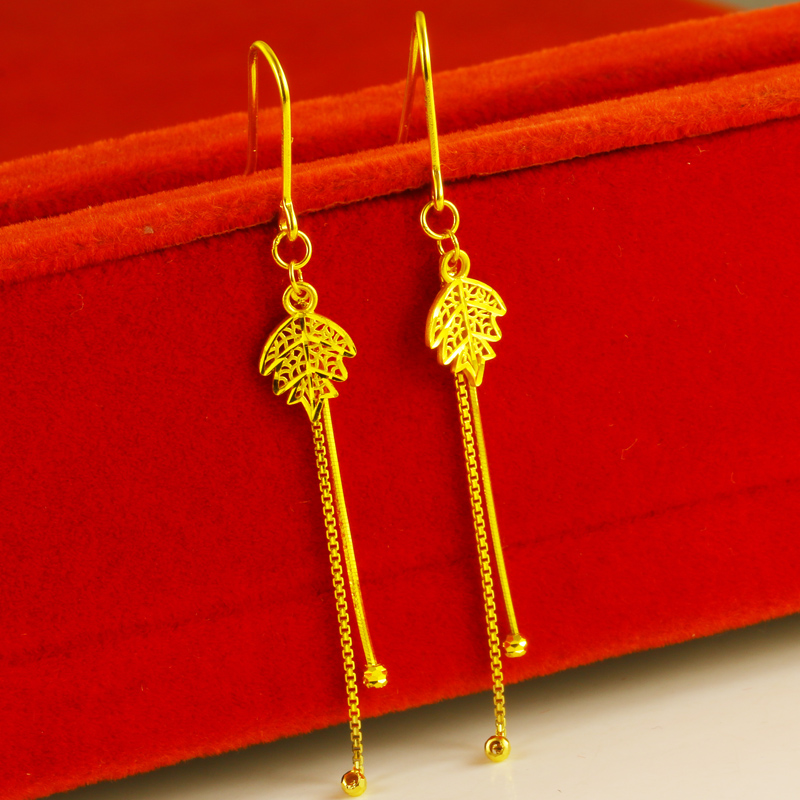 黄金耳环9999足金耳坠女款素金耳饰树叶流苏真金情人节送女友