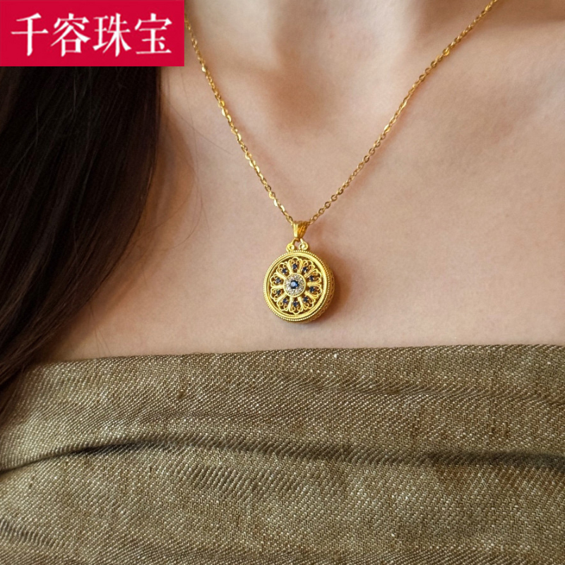 5D硬金黄金宝相花罗盘吊坠女999足金点钻镶嵌纯金项链挂坠送女友