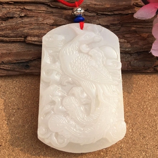 新疆阿富汗白玉凤凰吊坠 玉石玉器丹凤朝阳朱孔雀玉佩项链挂饰