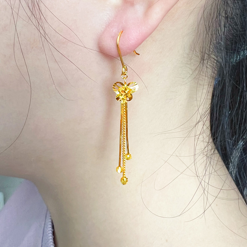 黄金耳环9999足金耳坠女款纯金耳饰蝴蝶结流苏真金送女友礼物
