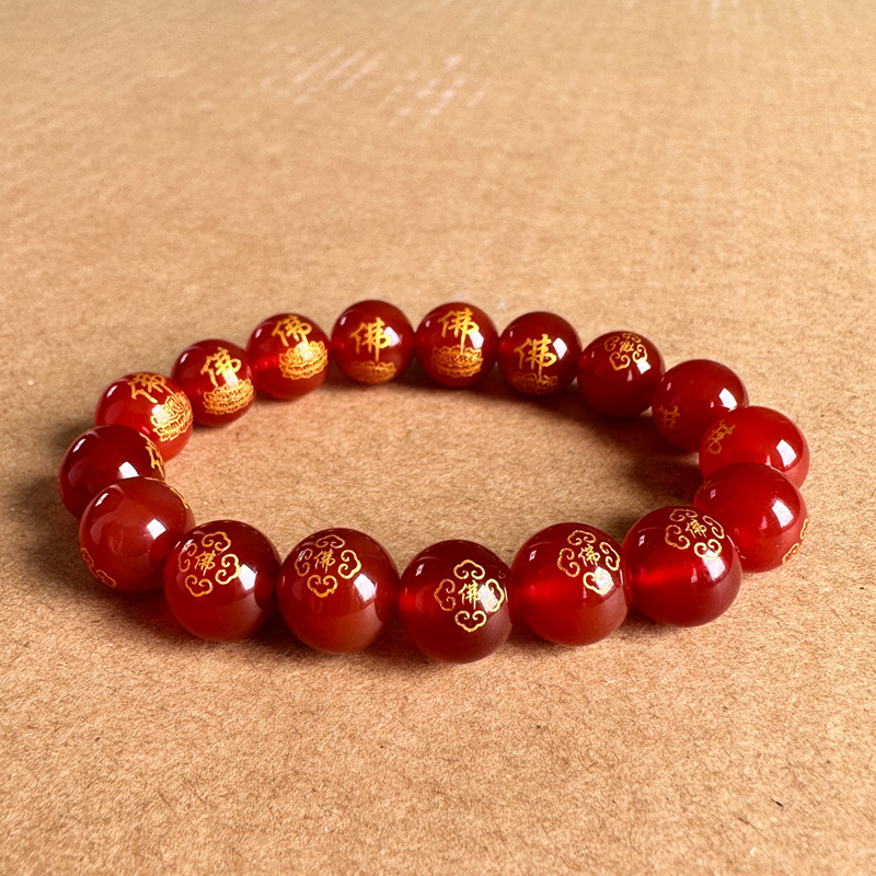 正宗红玛瑙佛字手链男女情侣本年红色吉祥莲花佛手持烫金圆珠手串