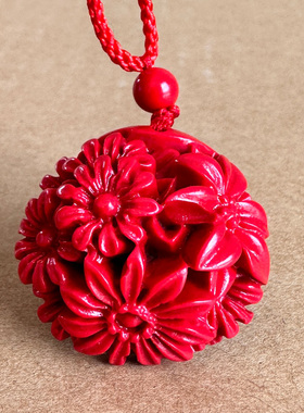 中国正红朱砂小花朵吊坠 男女中国风圆球形勃勃生机花蕊挂件礼品