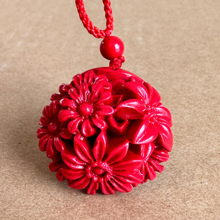 中国正红朱砂小花朵吊坠 男女中国风圆球形勃勃生机花蕊挂件礼品