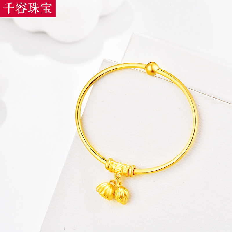 可穿转运珠黄金手镯女999足金贵妃金镯子3D硬金荷花莲蓬手环送礼