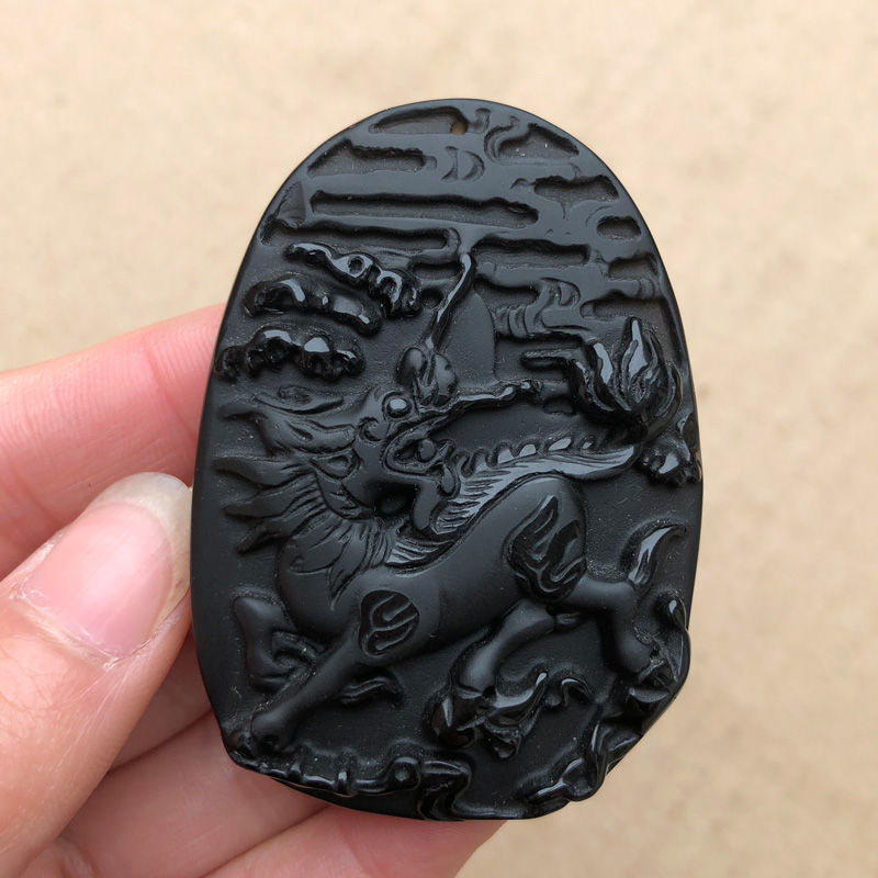 天然黑曜石男女款火麒麟吊坠 男款女士送子麒麟飞天貔貅挂件项链