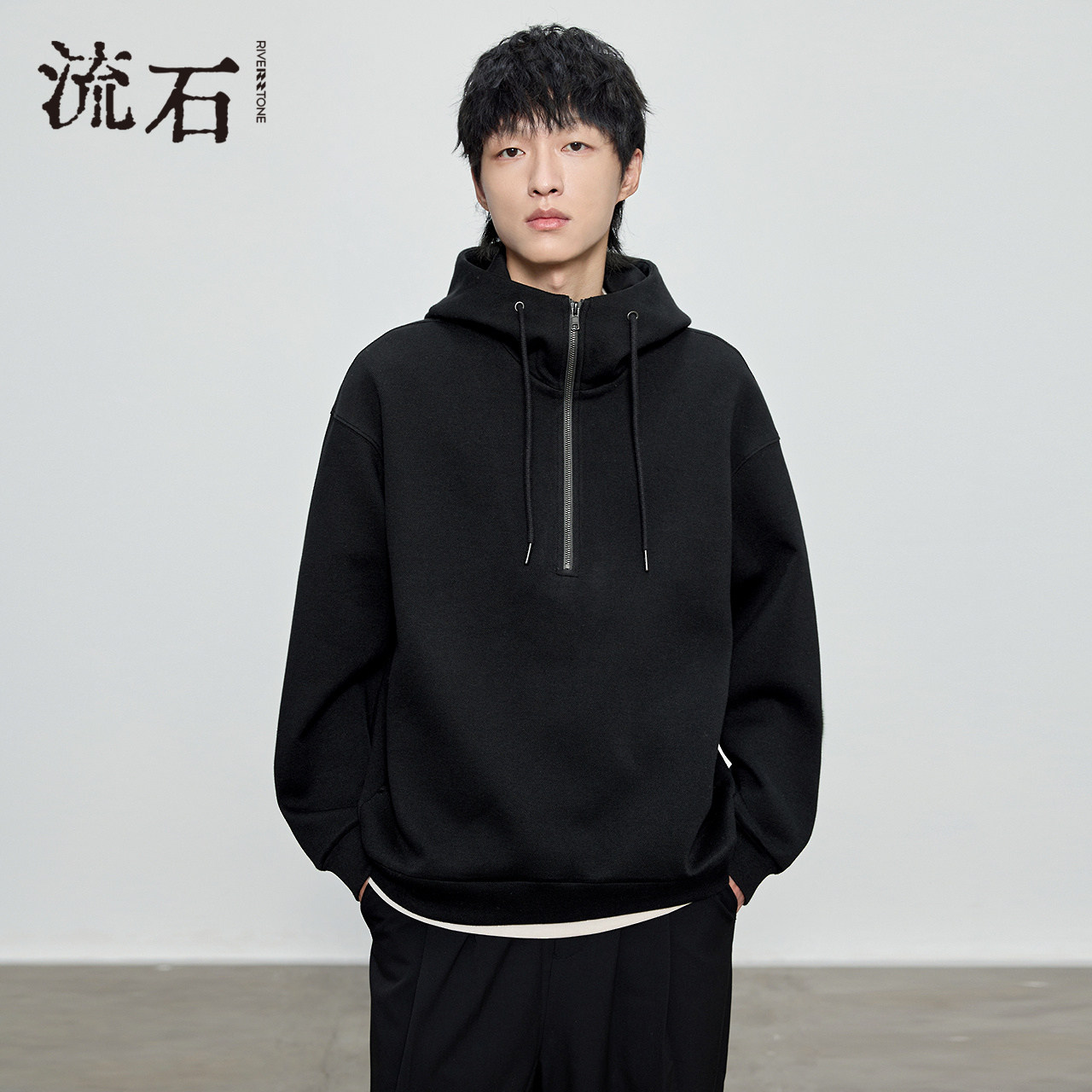 流石男装高级连帽长袖半拉链卫衣2025年新款春秋男士时尚宽松上衣