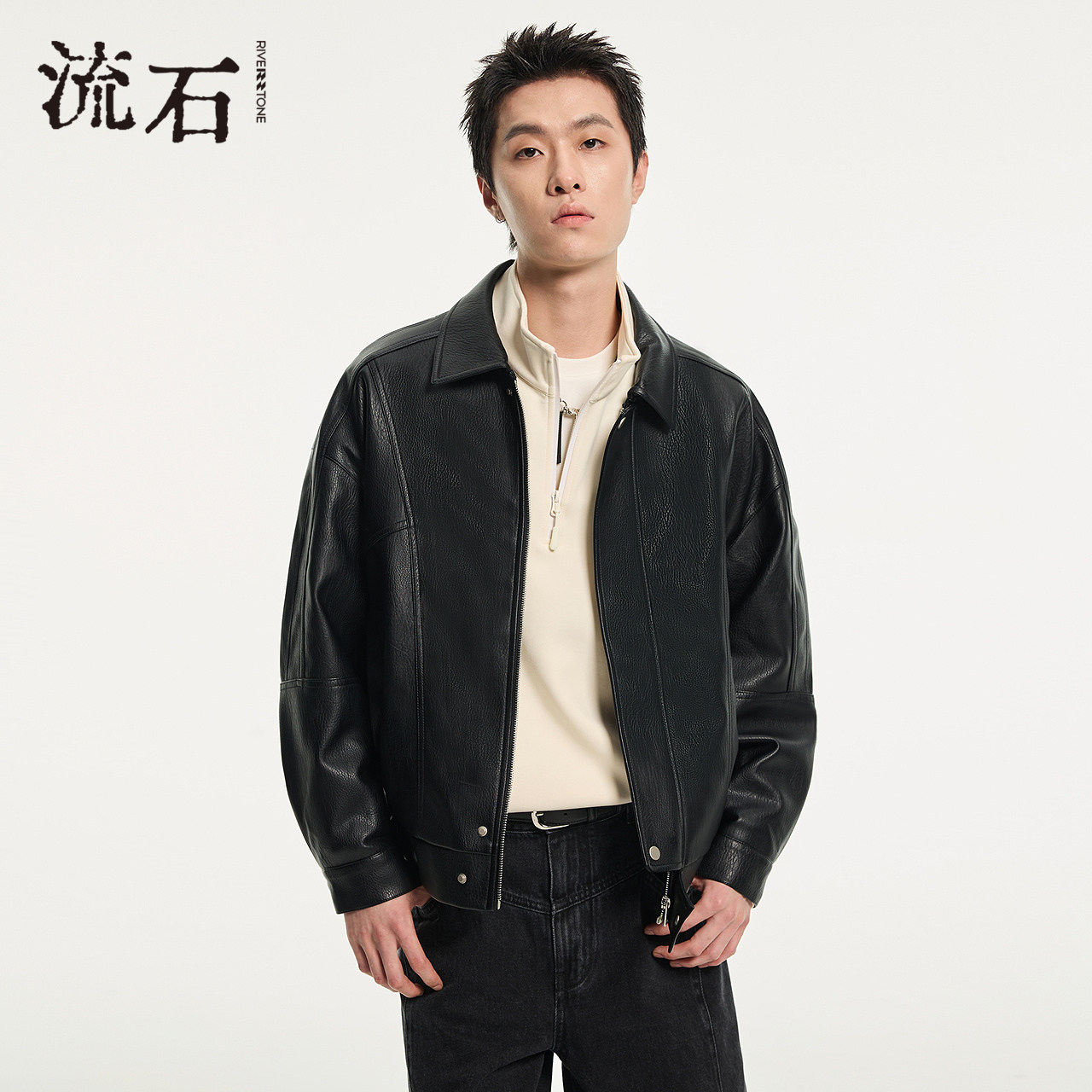 流石男装黑色经典哑光PU皮夹克2025年冬季新款高端厚款保暖外套男