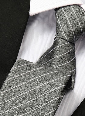 灰色磨砂白条男拉链领带结婚新郎正装商务黑色韩版免打条纹领带