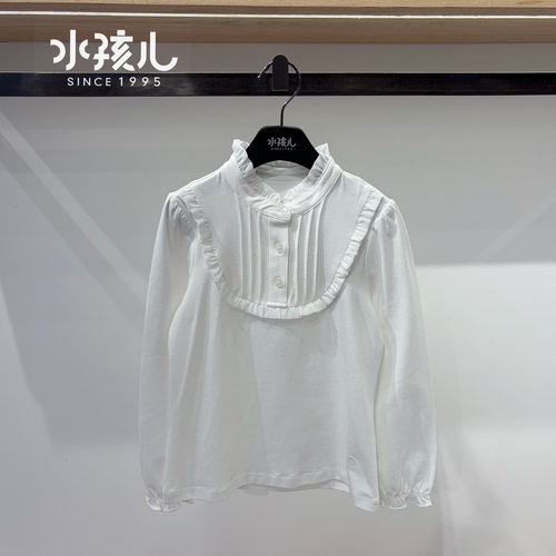 水孩儿童装女童长袖polo衬衫商场春季新款上衣木耳边立领内搭衬衣
