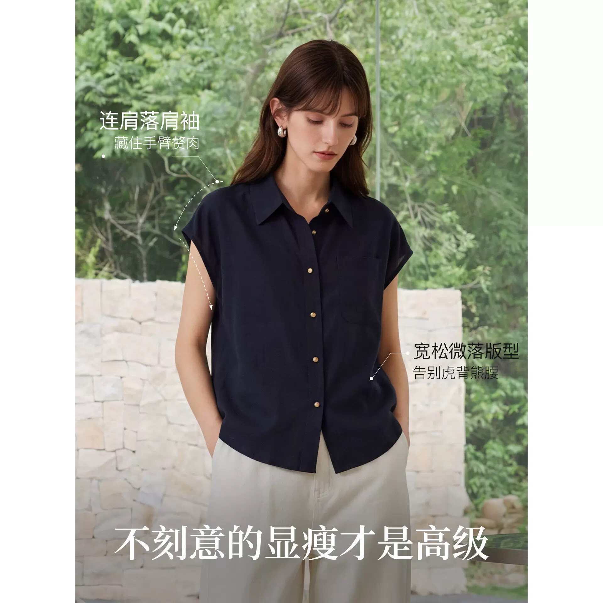 清仓莱赛尔天丝衬衣2026夏季新款藏蓝色衬衫女短袖外搭防晒上衣